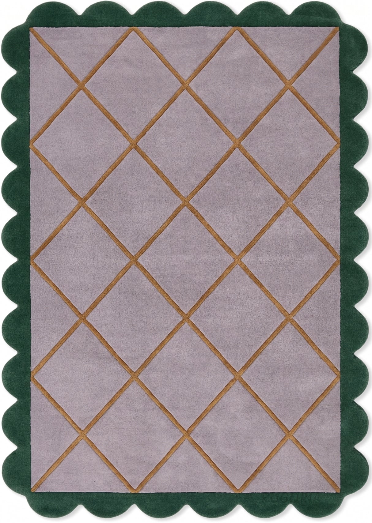 Modern Hand Tufted Wool Rug, Scalloped Border, Geometric Diamond Pattern,