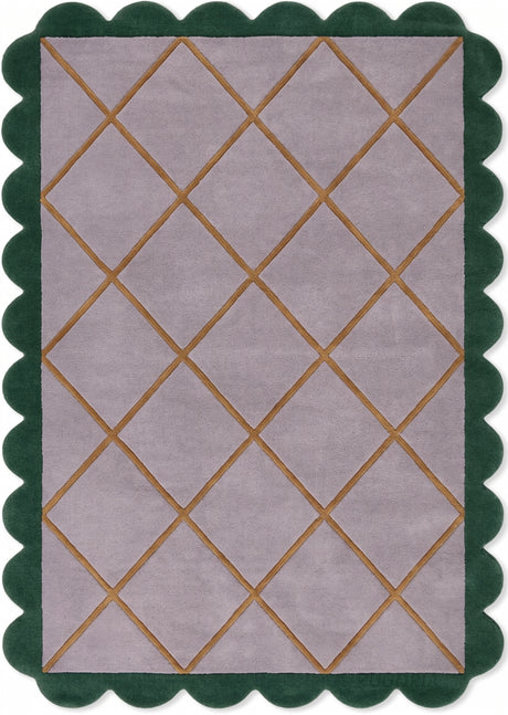 Modern Hand Tufted Wool Rug, Scalloped Border, Geometric Diamond Pattern,