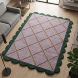 Modern Hand Tufted Wool Rug, Scalloped Border, Geometric Diamond Pattern,