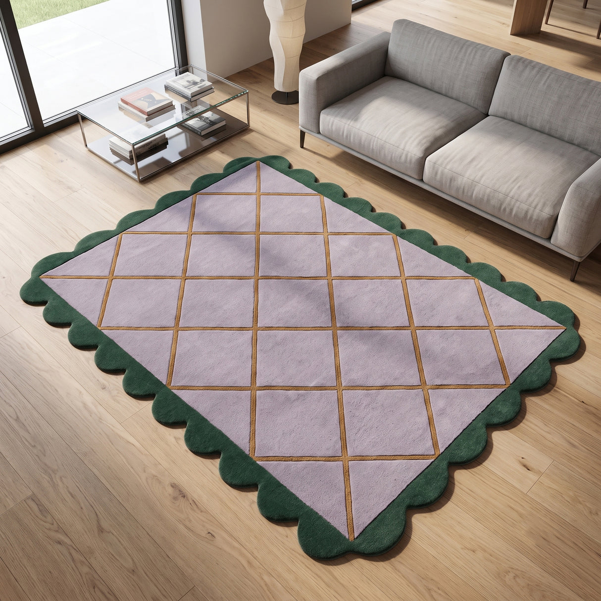 Modern Hand Tufted Wool Rug, Scalloped Border, Geometric Diamond Pattern,