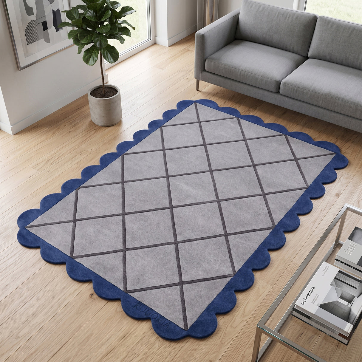 Modern Hand Tufted Wool Rug, Scalloped Border, Geometric Diamond Pattern,