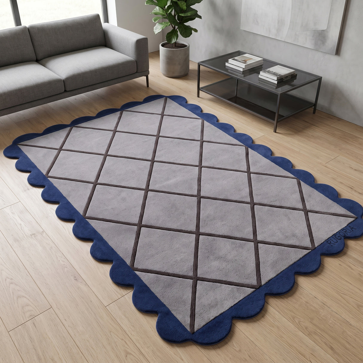 Modern Hand Tufted Wool Rug, Scalloped Border, Geometric Diamond Pattern,