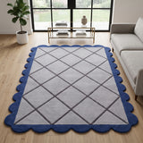 Modern Hand Tufted Wool Rug, Scalloped Border, Geometric Diamond Pattern,
