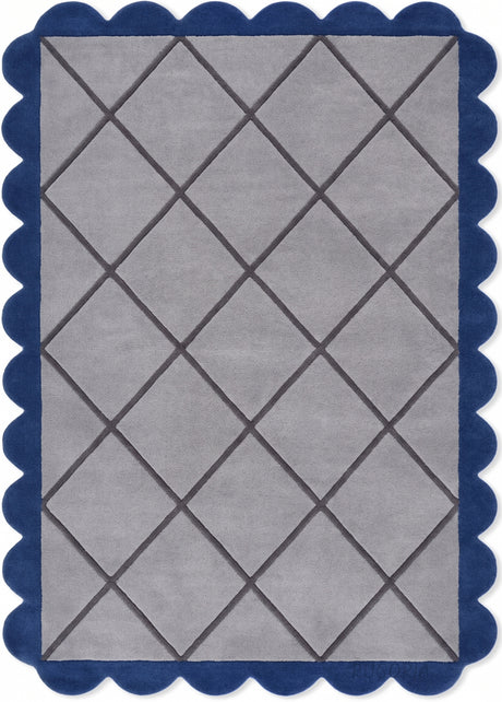 Modern Hand Tufted Wool Rug, Scalloped Border, Geometric Diamond Pattern,