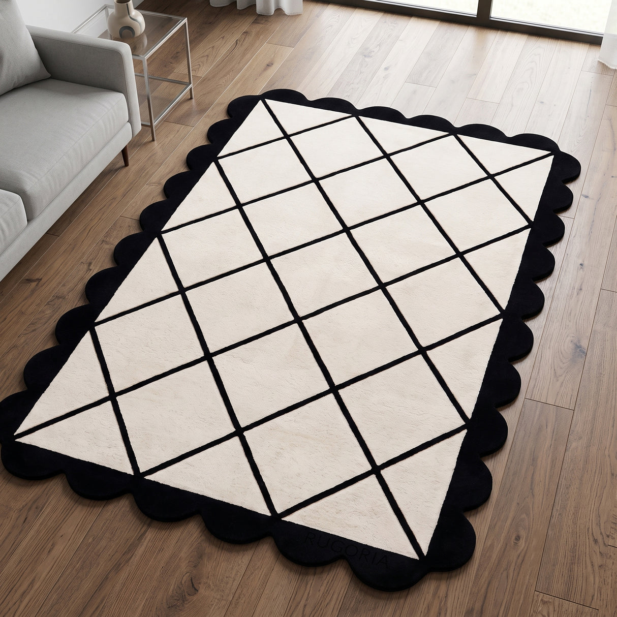 Modern Hand Tufted Wool Rug, Scalloped Border, Geometric Diamond Pattern,