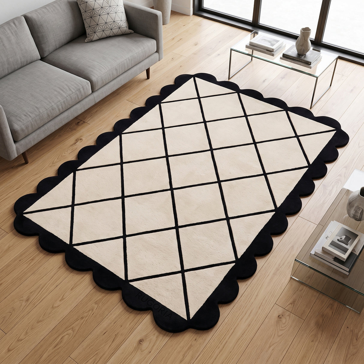 Modern Hand Tufted Wool Rug, Scalloped Border, Geometric Diamond Pattern,