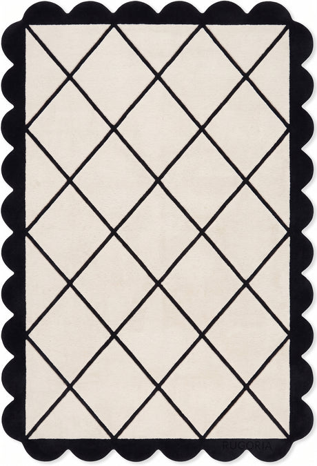 Modern Hand Tufted Wool Rug, Scalloped Border, Geometric Diamond Pattern,