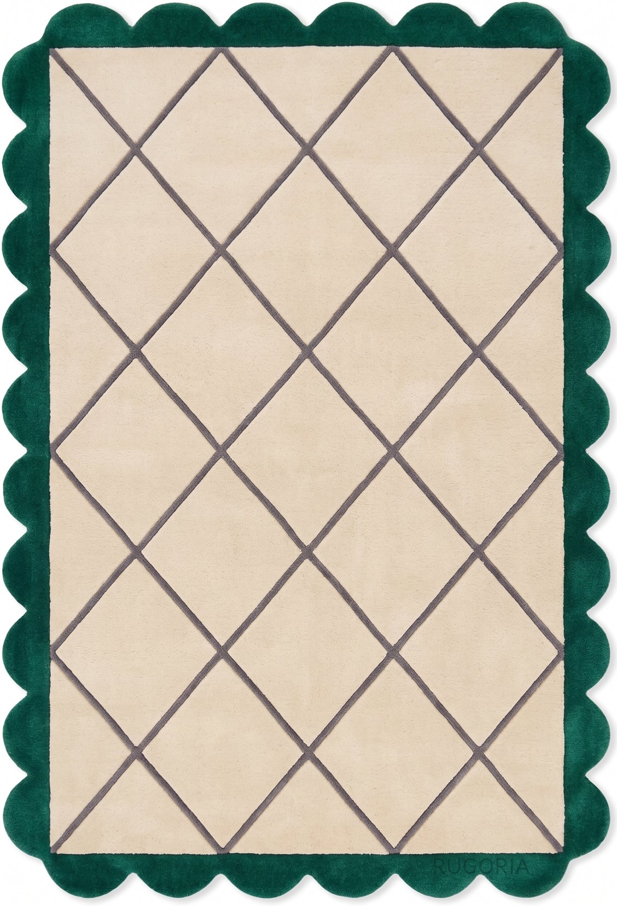 Modern Hand Tufted Wool Rug, Scalloped Border, Geometric Diamond Pattern,