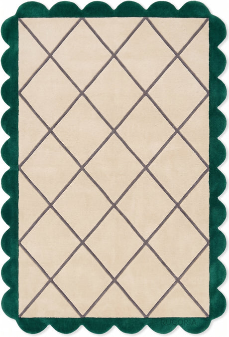 Modern Hand Tufted Wool Rug, Scalloped Border, Geometric Diamond Pattern,