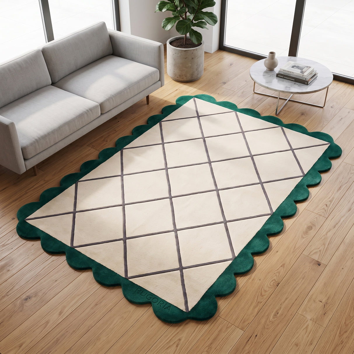 Modern Hand Tufted Wool Rug, Scalloped Border, Geometric Diamond Pattern,