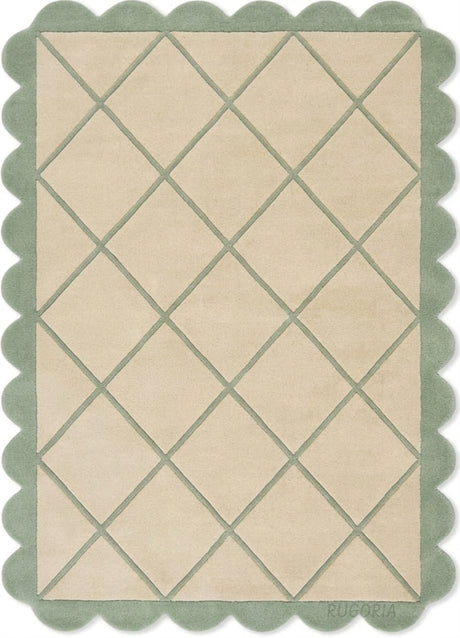 Modern Hand Tufted Wool Rug, Scalloped Border, Geometric Diamond Pattern,