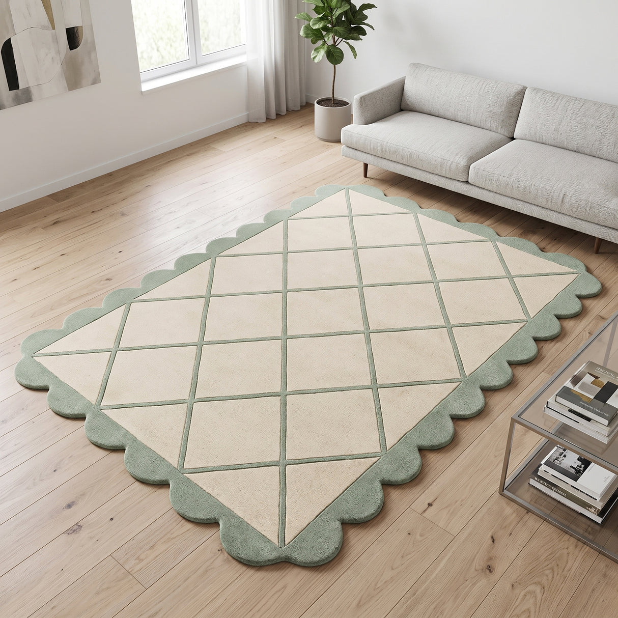 Modern Hand Tufted Wool Rug, Scalloped Border, Geometric Diamond Pattern,