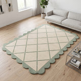 Modern Hand Tufted Wool Rug, Scalloped Border, Geometric Diamond Pattern,