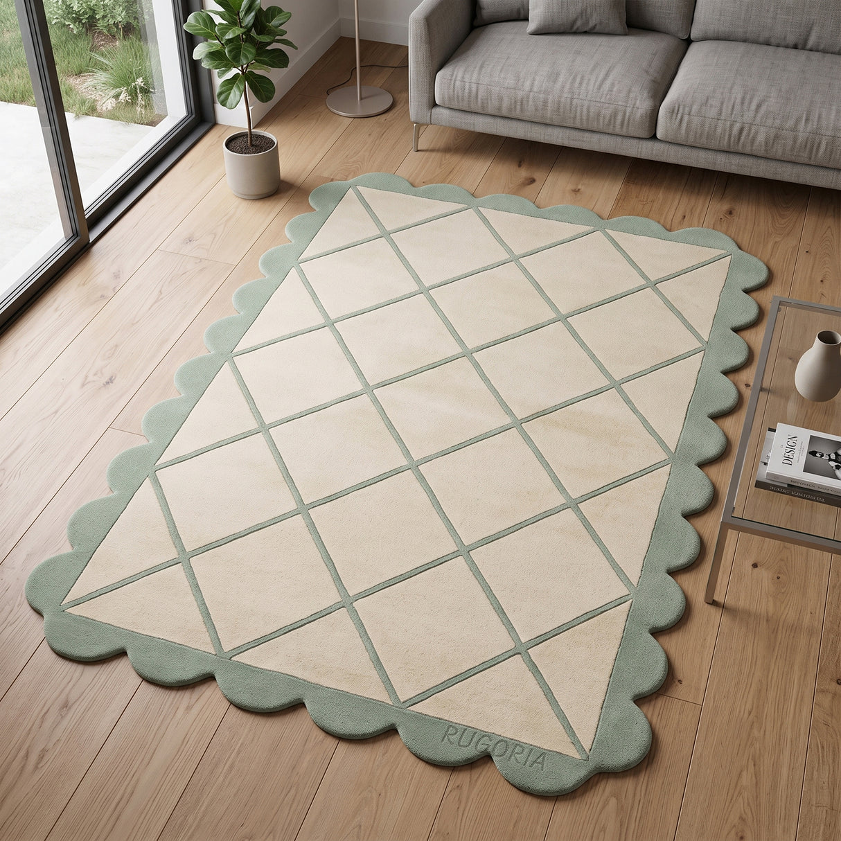 Modern Hand Tufted Wool Rug, Scalloped Border, Geometric Diamond Pattern,