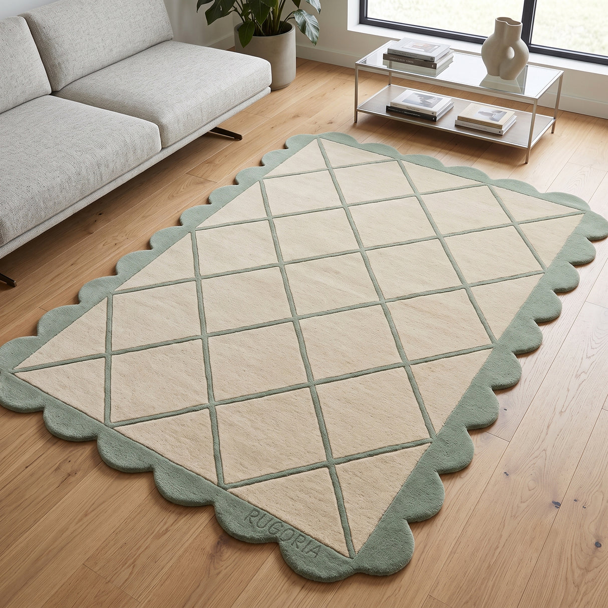 Modern Hand Tufted Wool Rug, Scalloped Border, Geometric Diamond Pattern,