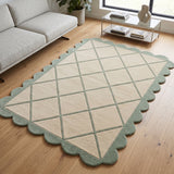Modern Hand Tufted Wool Rug, Scalloped Border, Geometric Diamond Pattern,