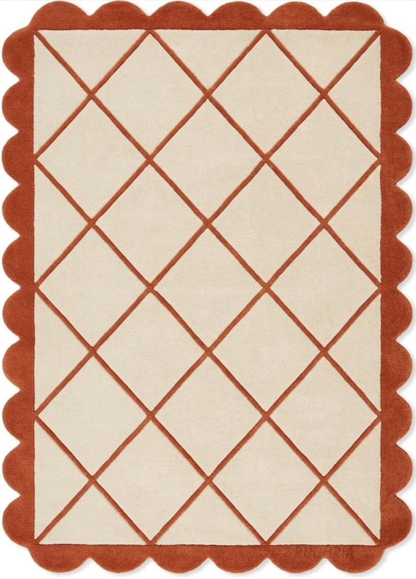 Modern Hand Tufted Wool Rug, Scalloped Border, Geometric Diamond Pattern,
