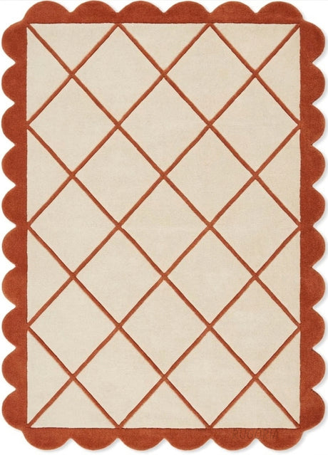 Modern Hand Tufted Wool Rug, Scalloped Border, Geometric Diamond Pattern,