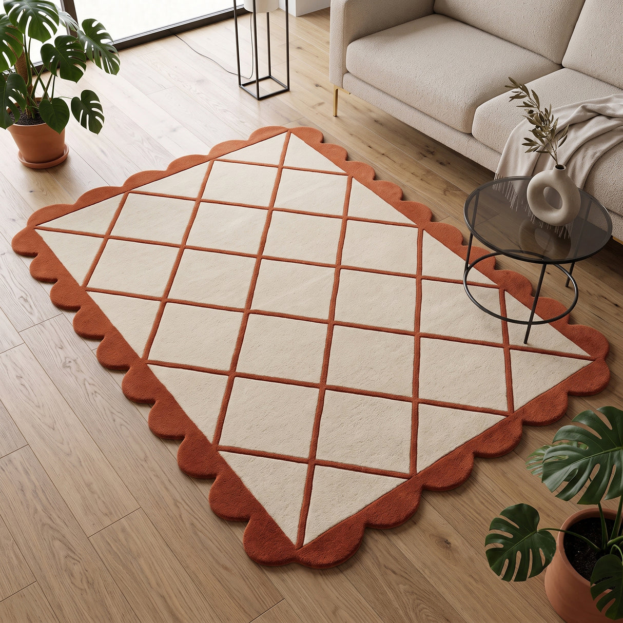 Modern Hand Tufted Wool Rug, Scalloped Border, Geometric Diamond Pattern,