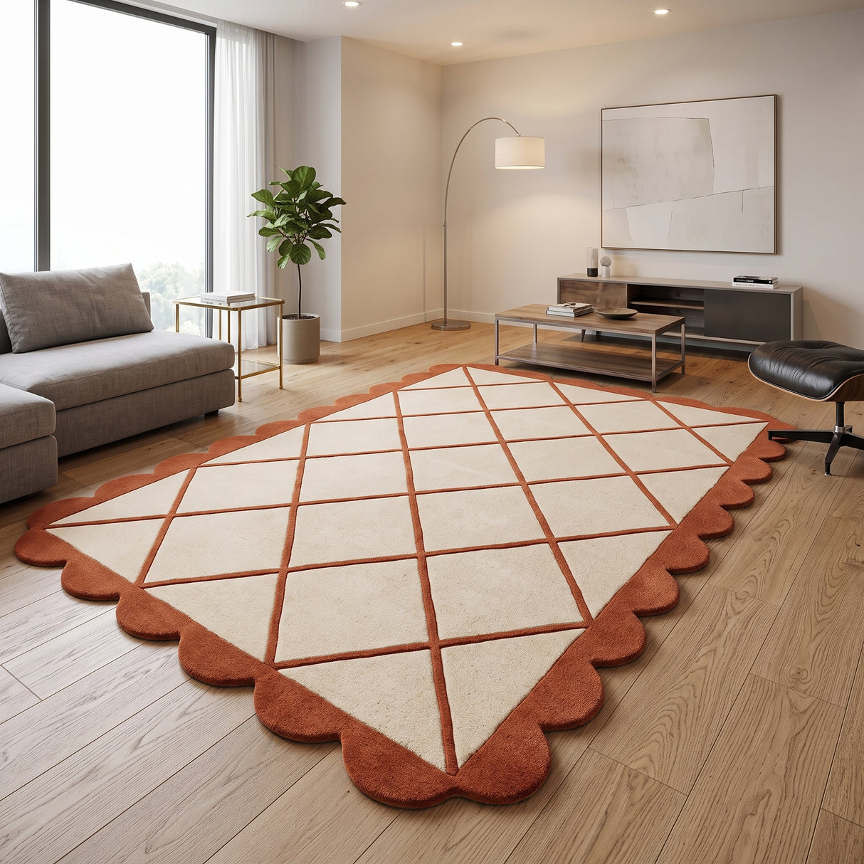 Modern Hand Tufted Wool Rug, Scalloped Border, Geometric Diamond Pattern,