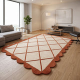 Modern Hand Tufted Wool Rug, Scalloped Border, Geometric Diamond Pattern,
