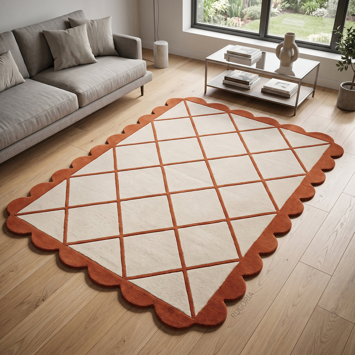 Modern Hand Tufted Wool Rug, Scalloped Border, Geometric Diamond Pattern,