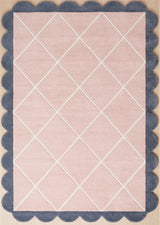 Modern Hand Tufted Wool Rug, Scalloped Border, Geometric Diamond Pattern,