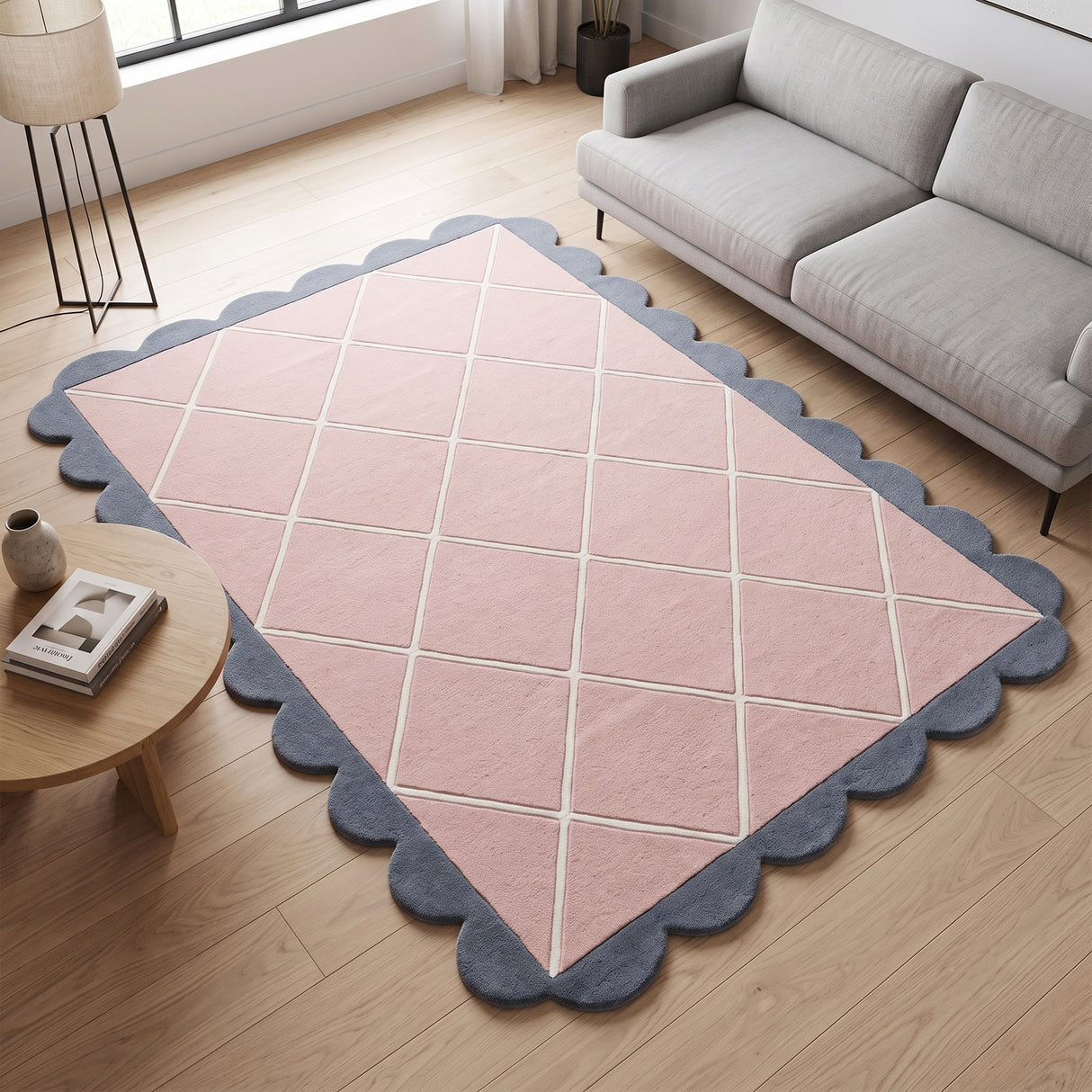 Modern Hand Tufted Wool Rug, Scalloped Border, Geometric Diamond Pattern,