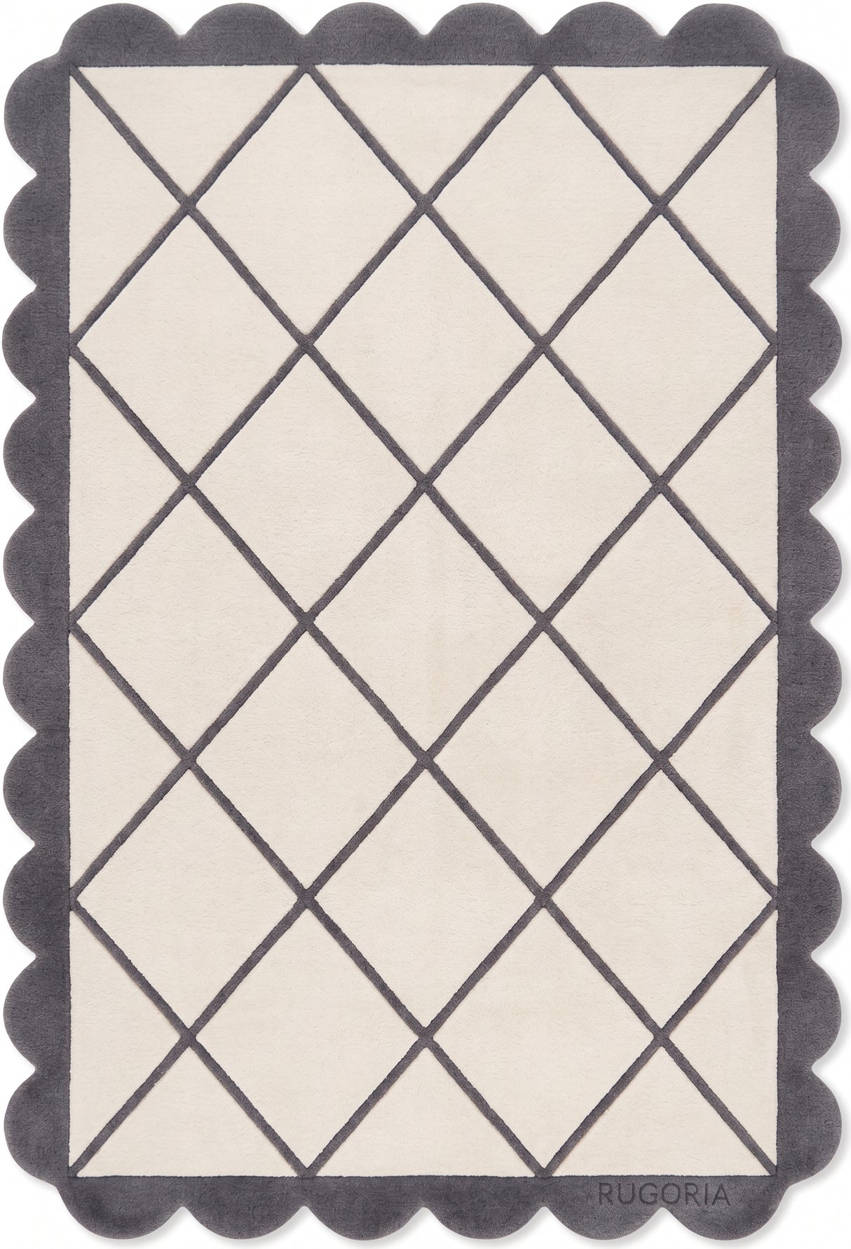 Modern Hand Tufted Wool Rug, Scalloped Border, Geometric Diamond Pattern,