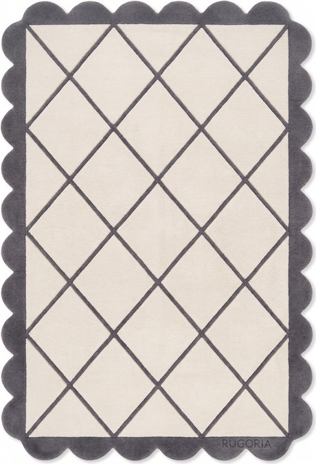 Modern Hand Tufted Wool Rug, Scalloped Border, Geometric Diamond Pattern,