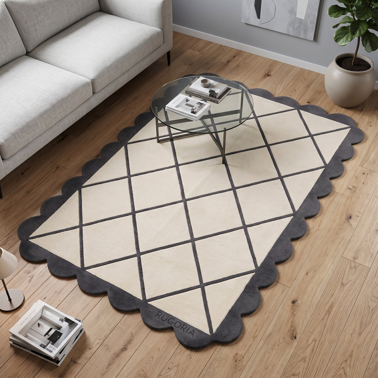Modern Hand Tufted Wool Rug, Scalloped Border, Geometric Diamond Pattern,
