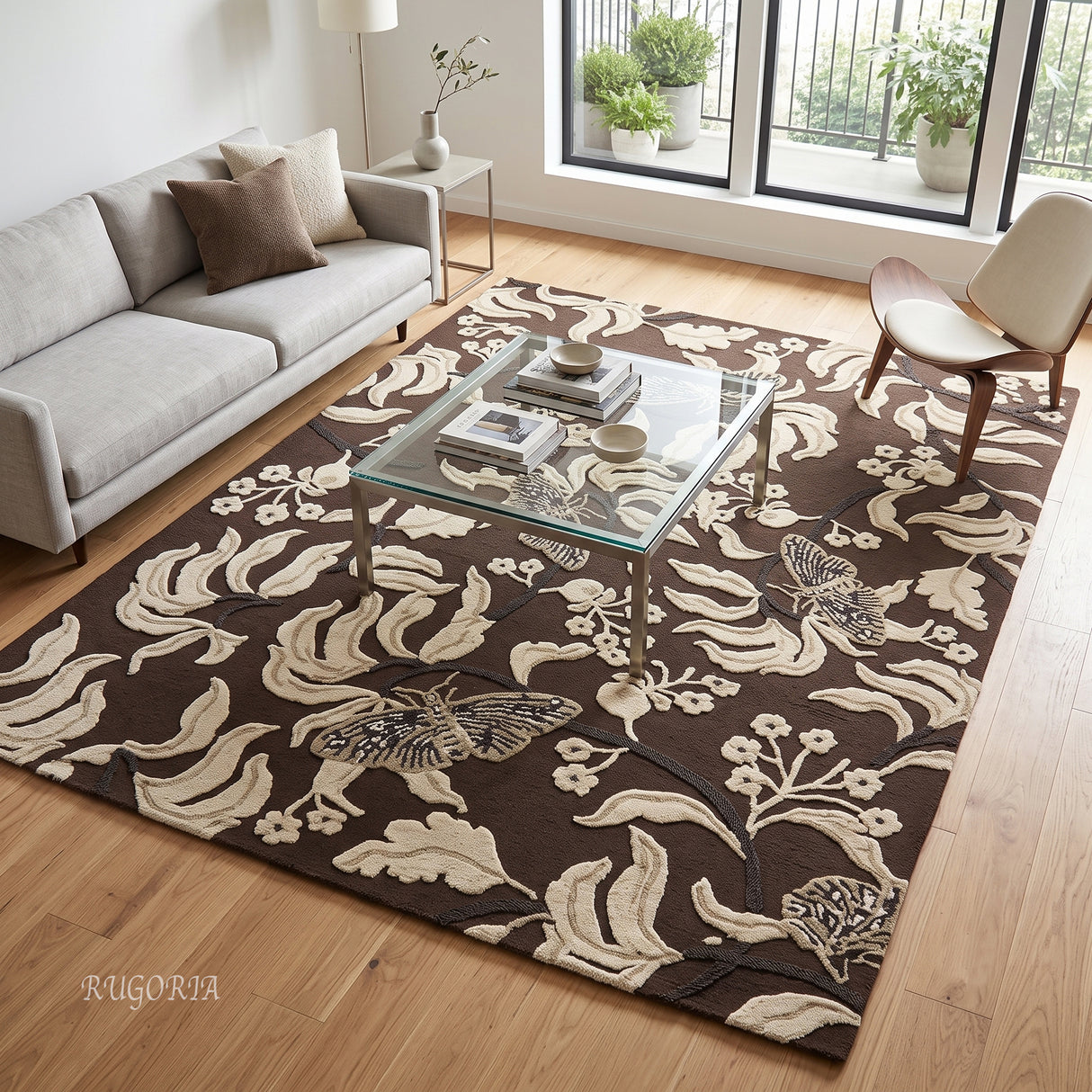 Hand Tufted Wool Rug, Floral Butterfly Botanical Pattern