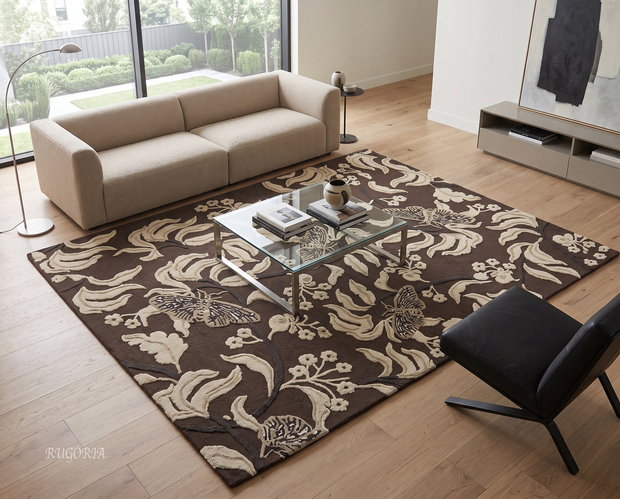 Hand Tufted Wool Rug, Floral Butterfly Botanical Pattern