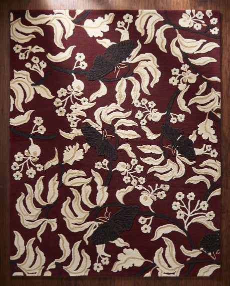 Hand Tufted Wool Rug, Floral Butterfly Botanical Pattern