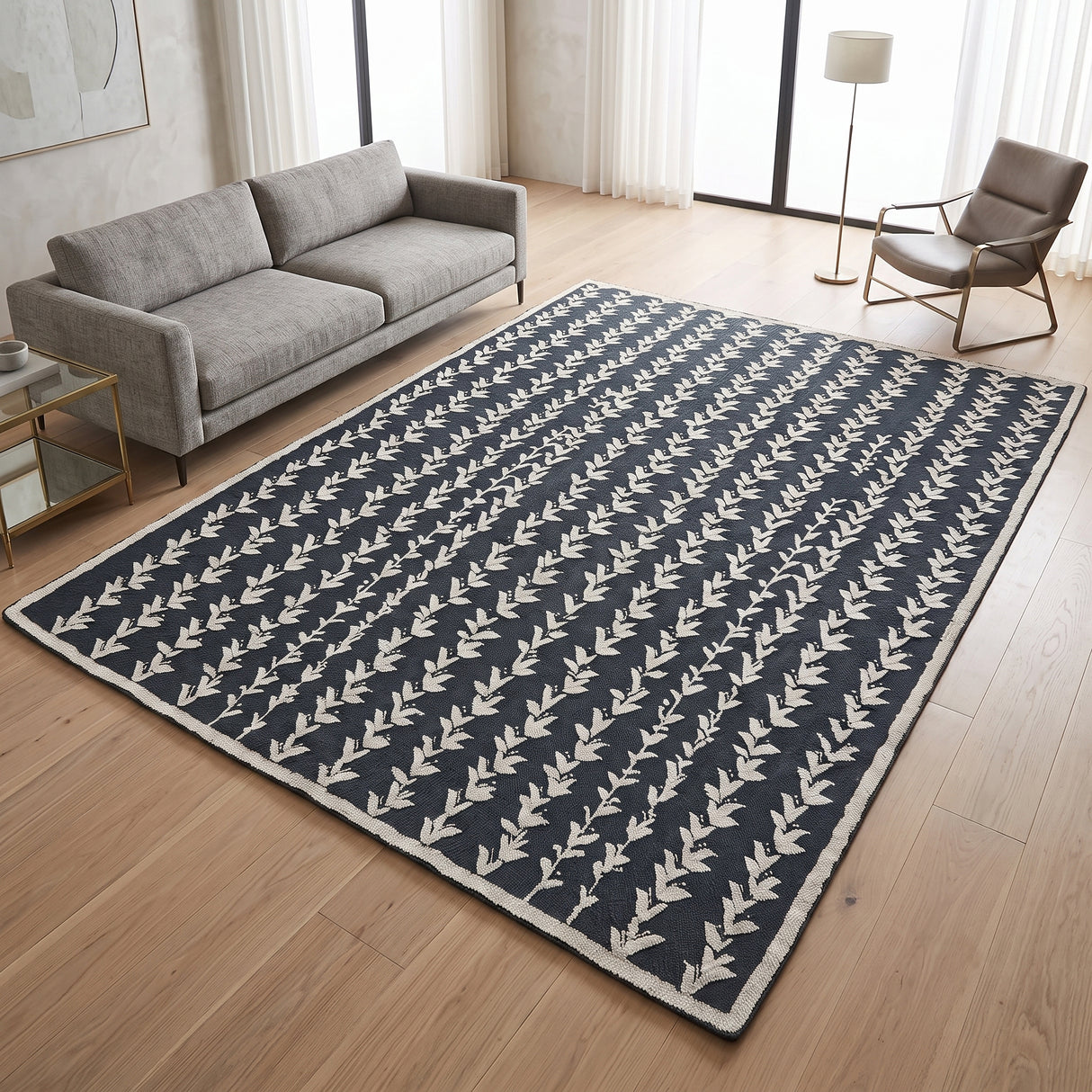 Hand-Tufted Wool Area Rug, Botanical Vine Pattern, Soft Thick Wool Carpet