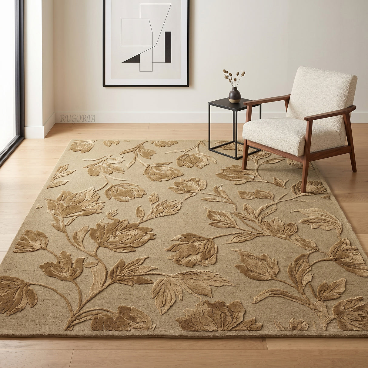 Hand Tufted Floral Wool Area Rug, Raised Botanical Carved Design