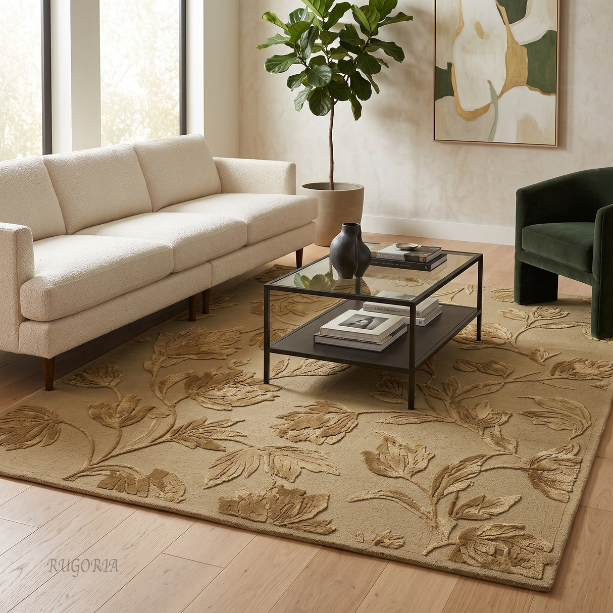 Hand Tufted Floral Wool Area Rug, Raised Botanical Carved Design