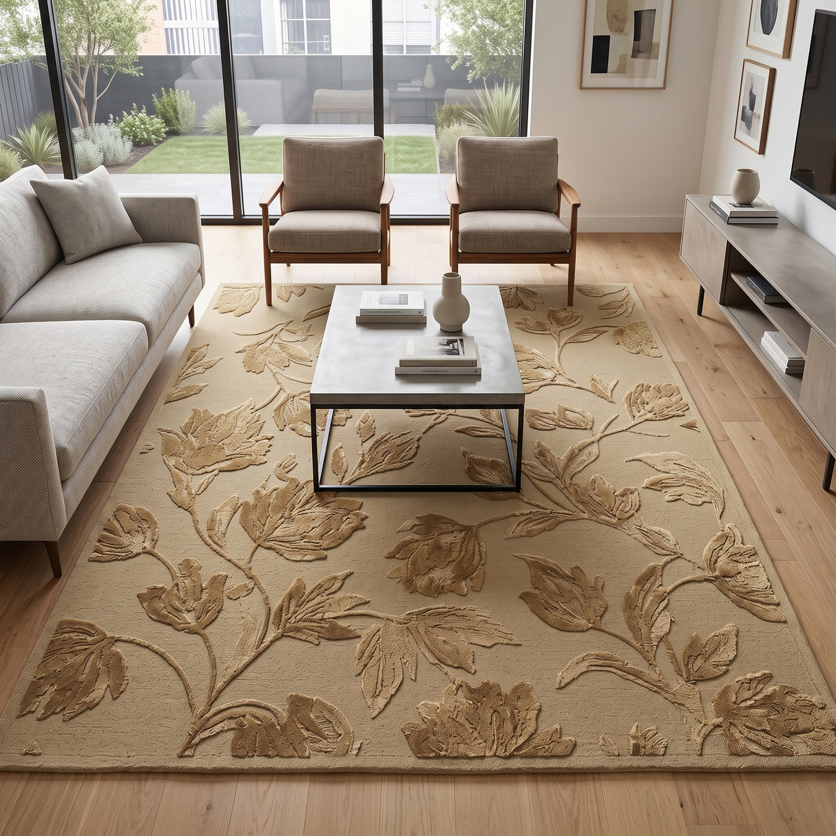 Hand Tufted Floral Wool Area Rug, Raised Botanical Carved Design