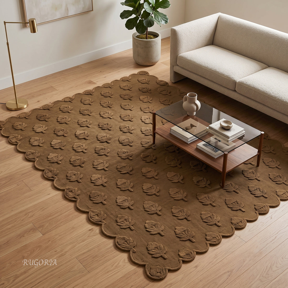 Hand Tufted Wool Area Rug, Floral Botanical Pattern with Scalloped