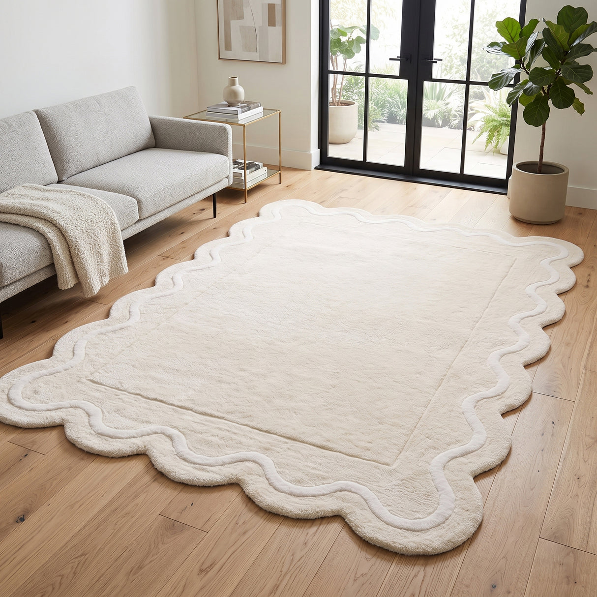 Modern Hand Tufted Wool Rug | Handmade Scalloped Border Carpet