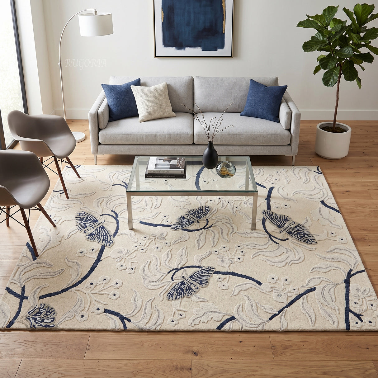 Hand Tufted Wool Rug, Floral Butterfly Botanical Pattern