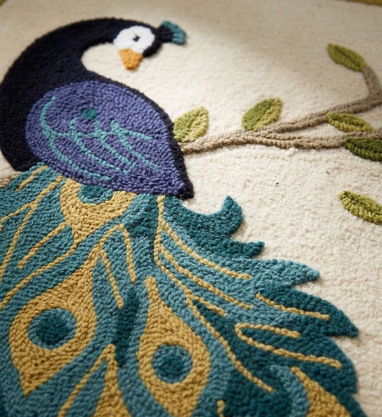Peacock Hand Tufted Wool Rug with Framed Border, Nature Inspired Bird Pattern