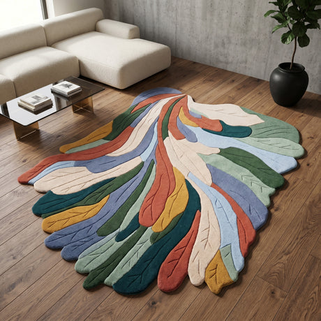 Handmade Irregular Shape Wool Rug | Unique Contemporary Colorful Botanical Design