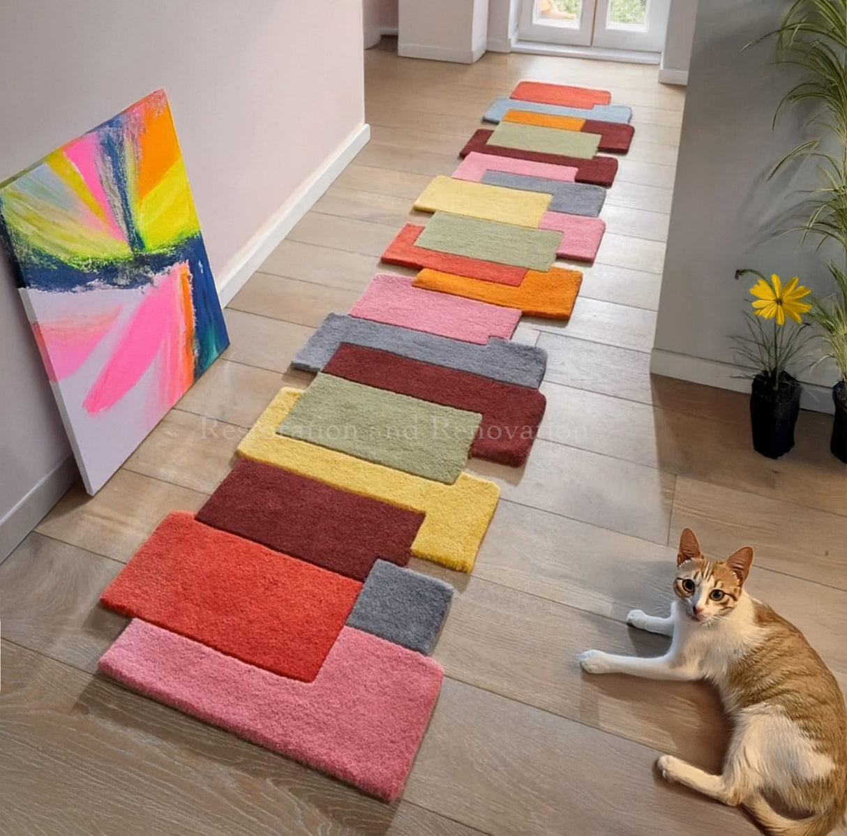 Colorful patchwork runner rug on light wood floor.