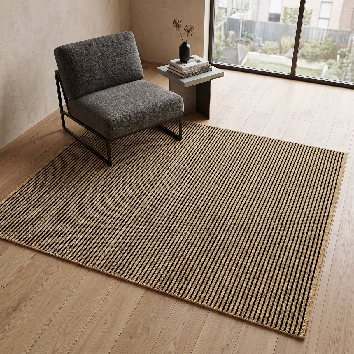 Modern Hand Tufted Wool Rug, Thin Striped Pattern, Soft Wool Carpet