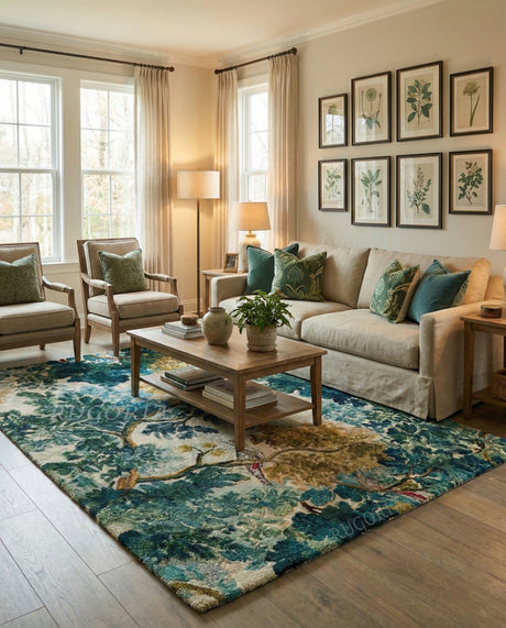 Hand-Tufted Wool & Viscose Rug, Nature-Inspired Tree & Bird Botanical Design