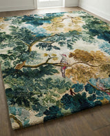 Hand-Tufted Wool & Viscose Rug, Nature-Inspired Tree & Bird Botanical Design