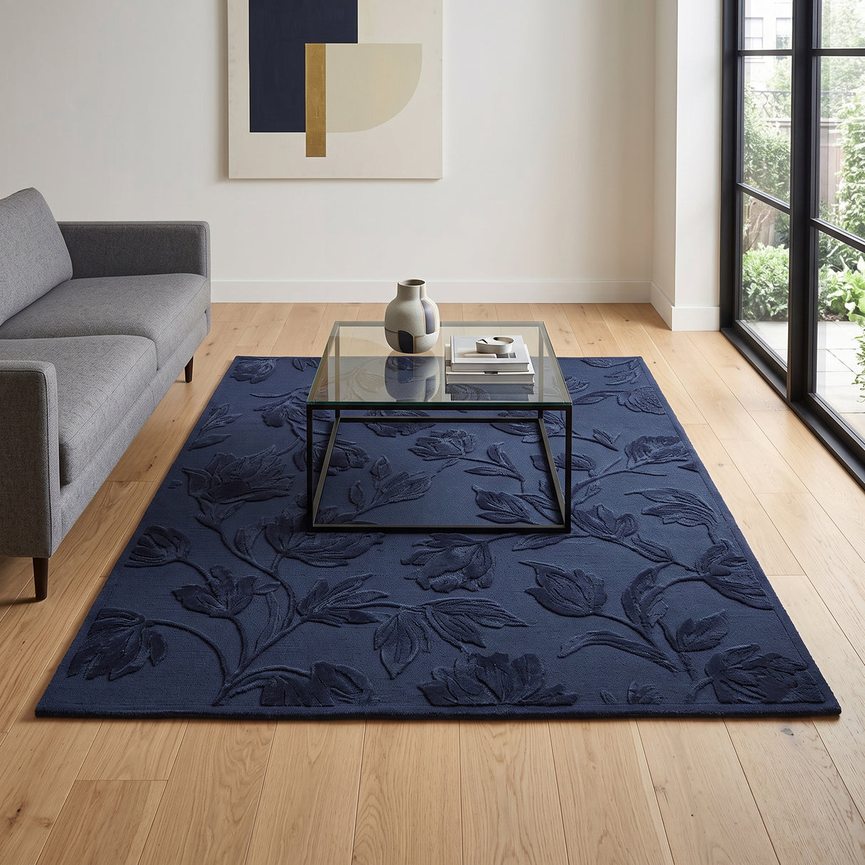 Hand Tufted Floral Wool Area Rug, Raised Botanical Carved Design