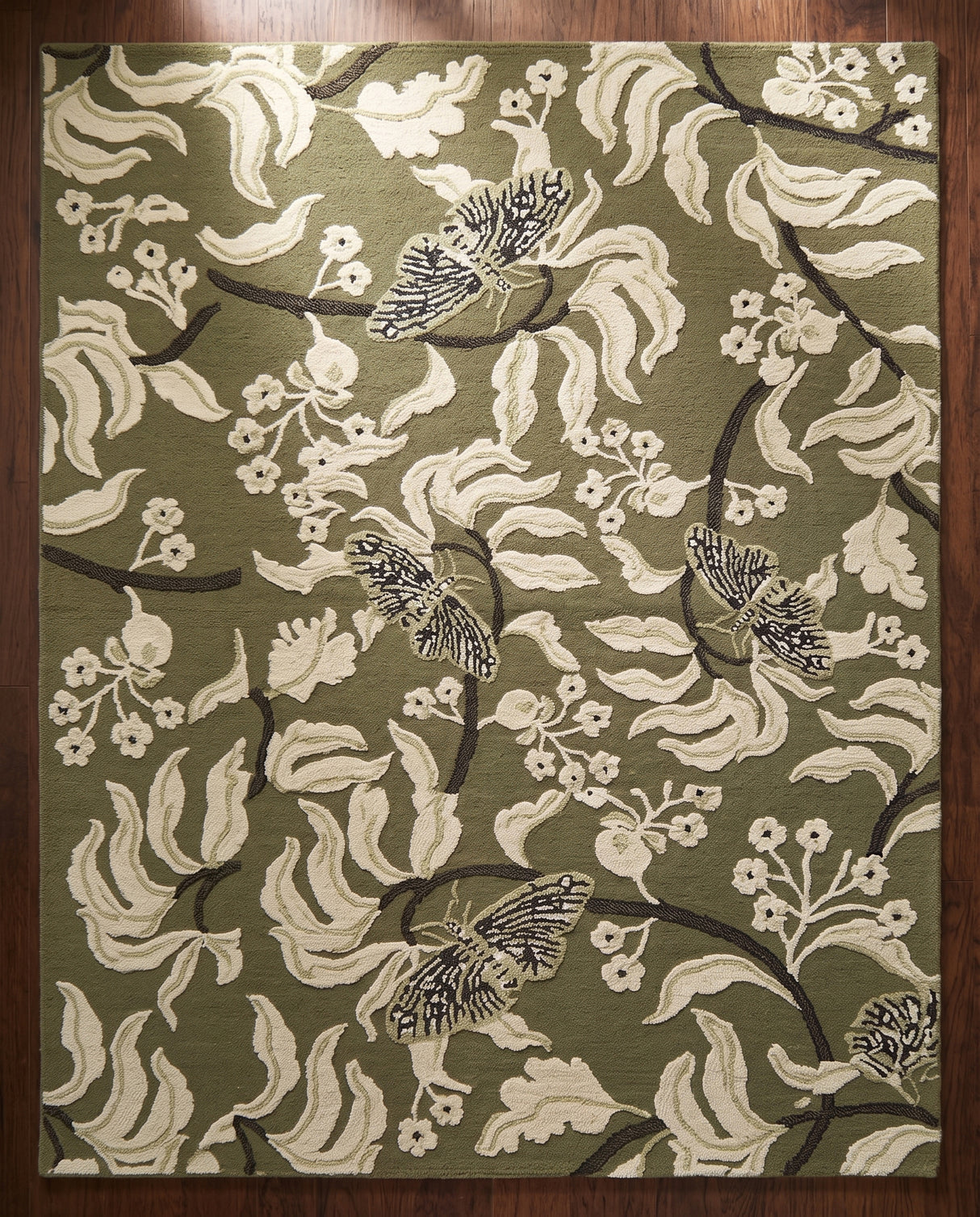 Hand Tufted Wool Rug, Floral Butterfly Botanical Pattern