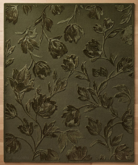 Hand Tufted Floral Wool Area Rug, Raised Botanical Carved Design